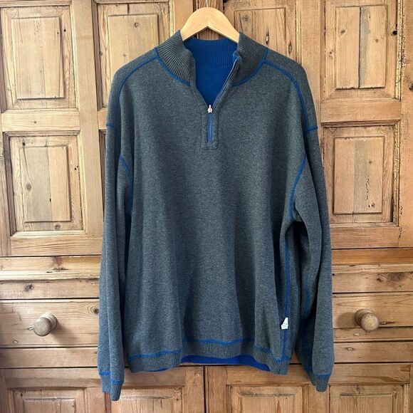 Men's Tommy Bahama Large Blue Gray Reversible Sweater Pullover 1/4 Zip V-Neck - Picture 6 of 10